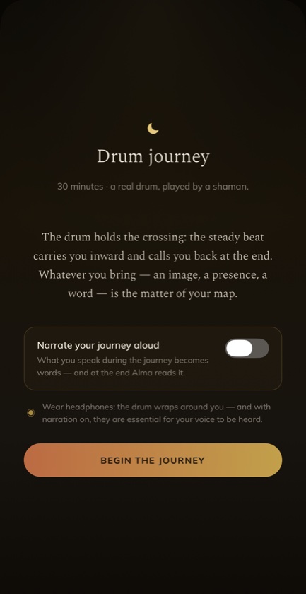 The drum journey antechamber: thirty minutes, a real drum played by a shaman.